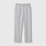 JONES + CO heather grey straight-leg pants with an elasticized waist, side pockets, and rolled cuffs.