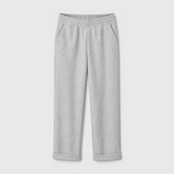 JONES + CO heather grey straight-leg pants with an elasticized waist, side pockets, and rolled cuffs.