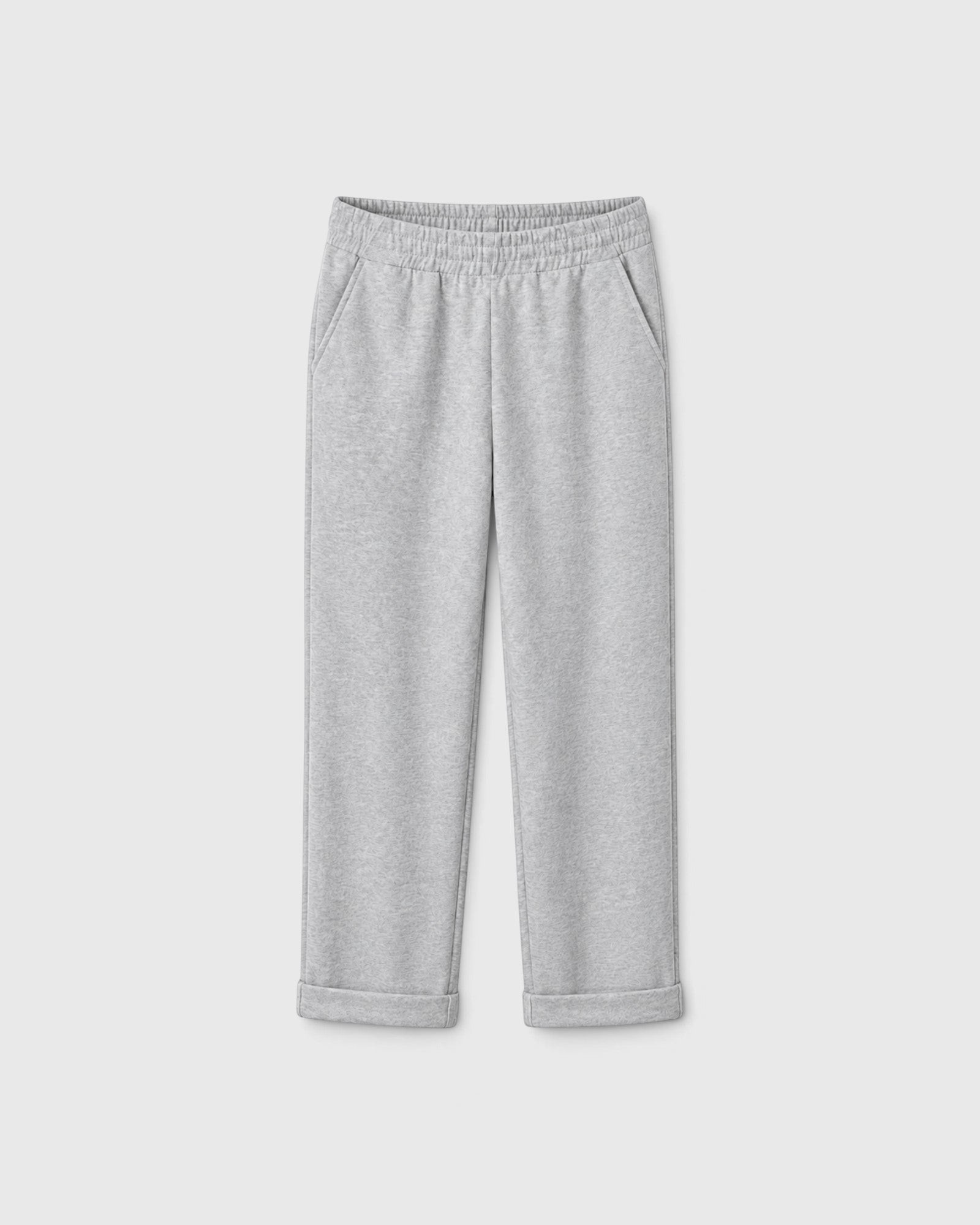 JONES + CO heather grey straight-leg pants with an elasticized waist, side pockets, and rolled cuffs.