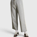 JONES + CO Claud travel track pants in heather grey cotton fleece with an ivory drawstring and side stripe detail.