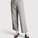 JONES + CO Claud travel track pants in heather grey cotton fleece with an ivory drawstring and side stripe detail.