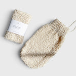 JONES + CO exfoliating shower mitt made from natural hemp and cotton fibers with a convenient hanging loop.
