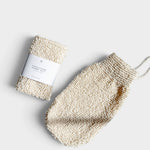 JONES + CO exfoliating shower mitt made from textured hemp and linen in a natural cream colour