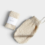 JONES + CO exfoliating shower mitt made from textured hemp and linen in a natural cream colour