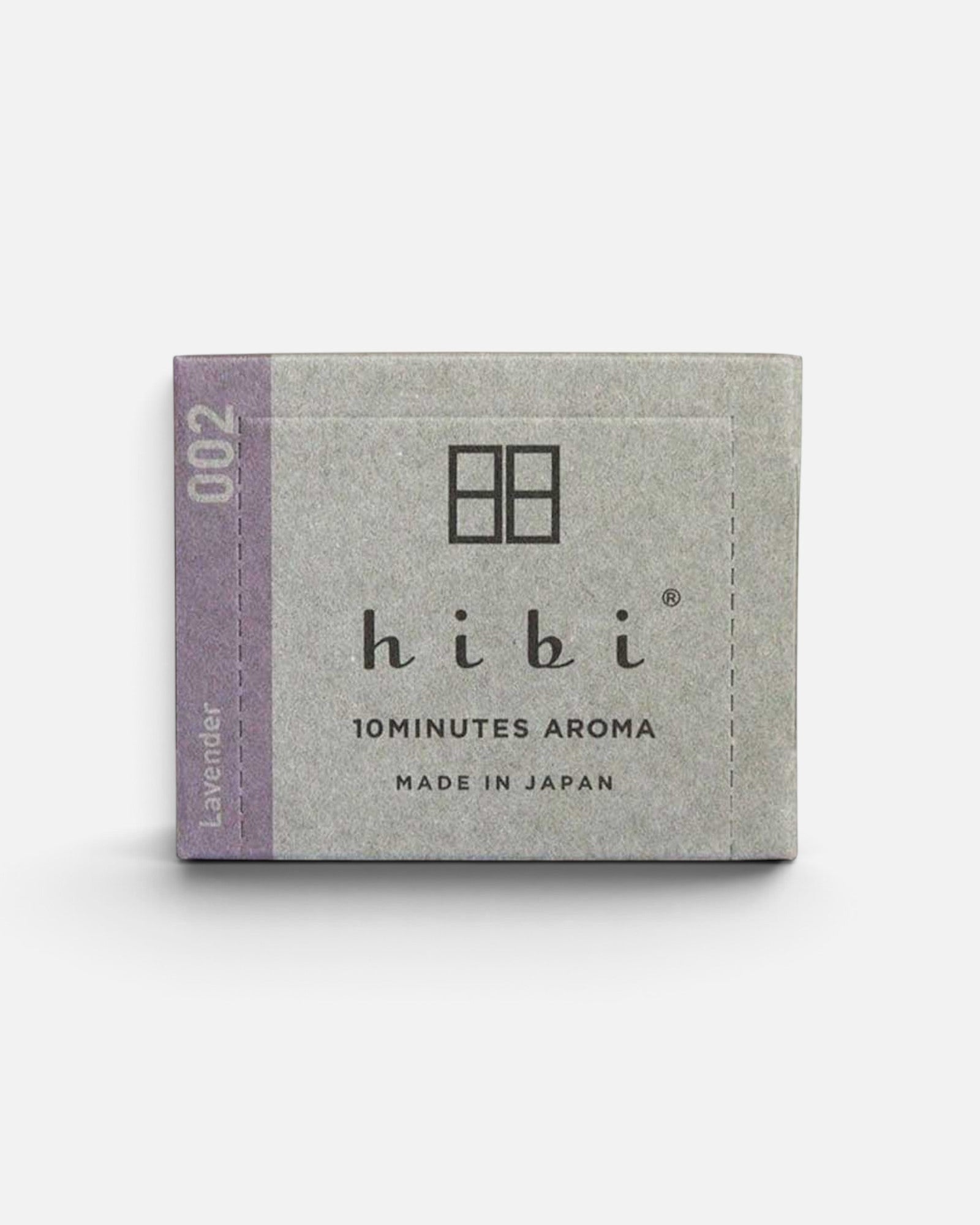 JONES + CO Hibi lavender incense matches box featuring minimalist grey packaging with purple accent for aromatherapy