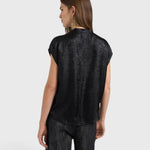 JONES + CO Hildra black sleeveless blouse in fluid laminated fabric with a shawl collar, back view.