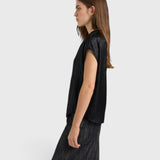 JONES + CO Hildra black sleeveless blouse in fluid laminated fabric with kimono shoulders and V-neck, side view