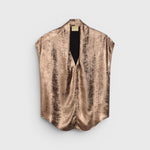JONES + CO Hildra sleeveless blouse in bronze fluid laminated fabric with a V-neck and shawl collar.