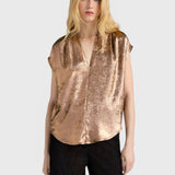 JONES + CO Hildra sleeveless bronze blouse in fluid laminated fabric with a V-neck and kimono shoulders.