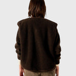 JONES + CO Hoktown sleeveless jacket in chestnut tree melange shearling fabric, back view on a model.