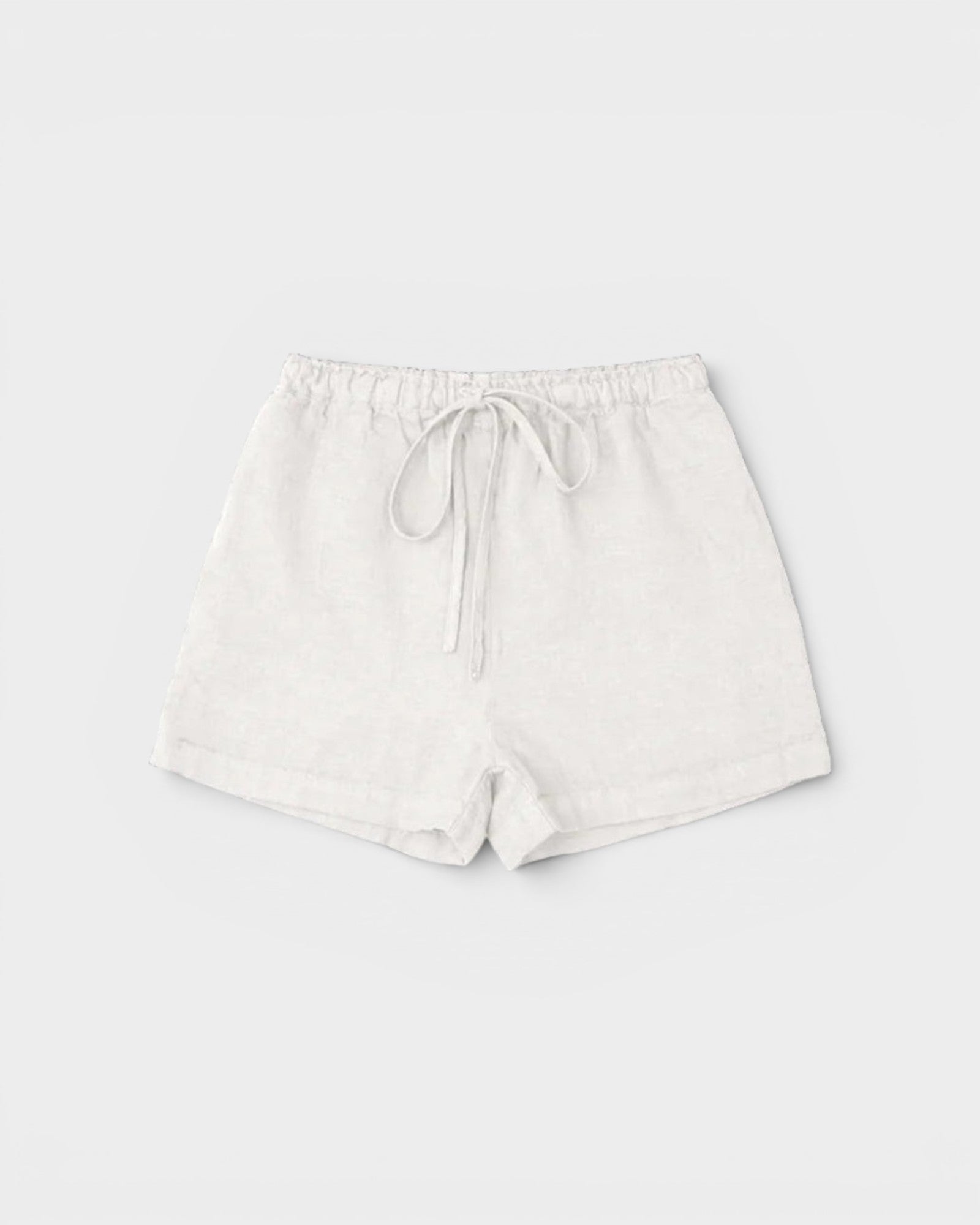 JONES + CO white linen shorts with drawstring waist and relaxed fit.