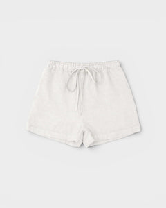 JONES + CO white linen shorts with drawstring waist and relaxed fit.