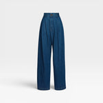 JONES + CO Indigo high-waisted wide-leg denim pants with front pleats and side pockets.