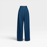 JONES + CO Indigo high-waisted wide-leg denim pants with front pleats and side pockets.