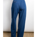 JONES + CO indigo denim wide-leg pants with high waist, side pockets, and front pleats.