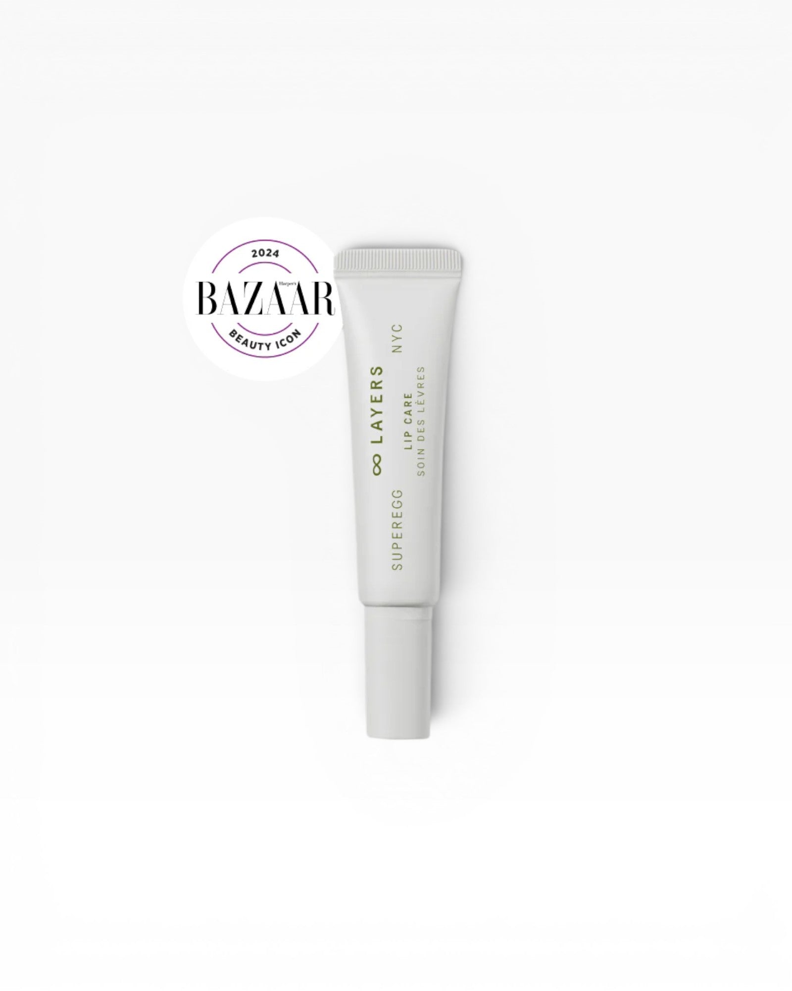 JONES + CO white tube of Infinite Layers Lip Care treatment with a Harper's Bazaar Beauty Icon 2024 award sticker.