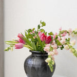 JONES + CO Ink Ceramic Vase with subtle texture, handmade by designer Nishi. Features a deep, inky glaze.