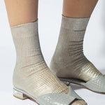 JONES + CO Italian Laminated Socks in platino. Ribbed silk socks with a shimmering metallic foil overlay.