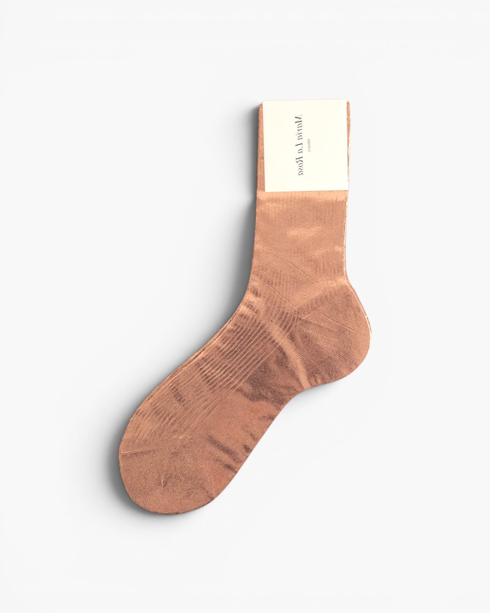 JONES + CO Italian Laminated Socks - Rosa. Ribbed silk socks with a shimmering rose gold metallic foil overlay.