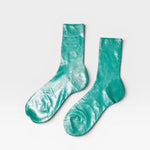 JONES + CO Italian Laminated Socks in Turchino blue. Ribbed silk socks with a metallic foil overlay.