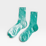 JONES + CO Italian Laminated Socks in Turchino blue. Ribbed silk socks with a metallic foil overlay.