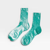 JONES + CO Italian Laminated Socks in Turchino blue. Ribbed silk socks with a metallic foil overlay.