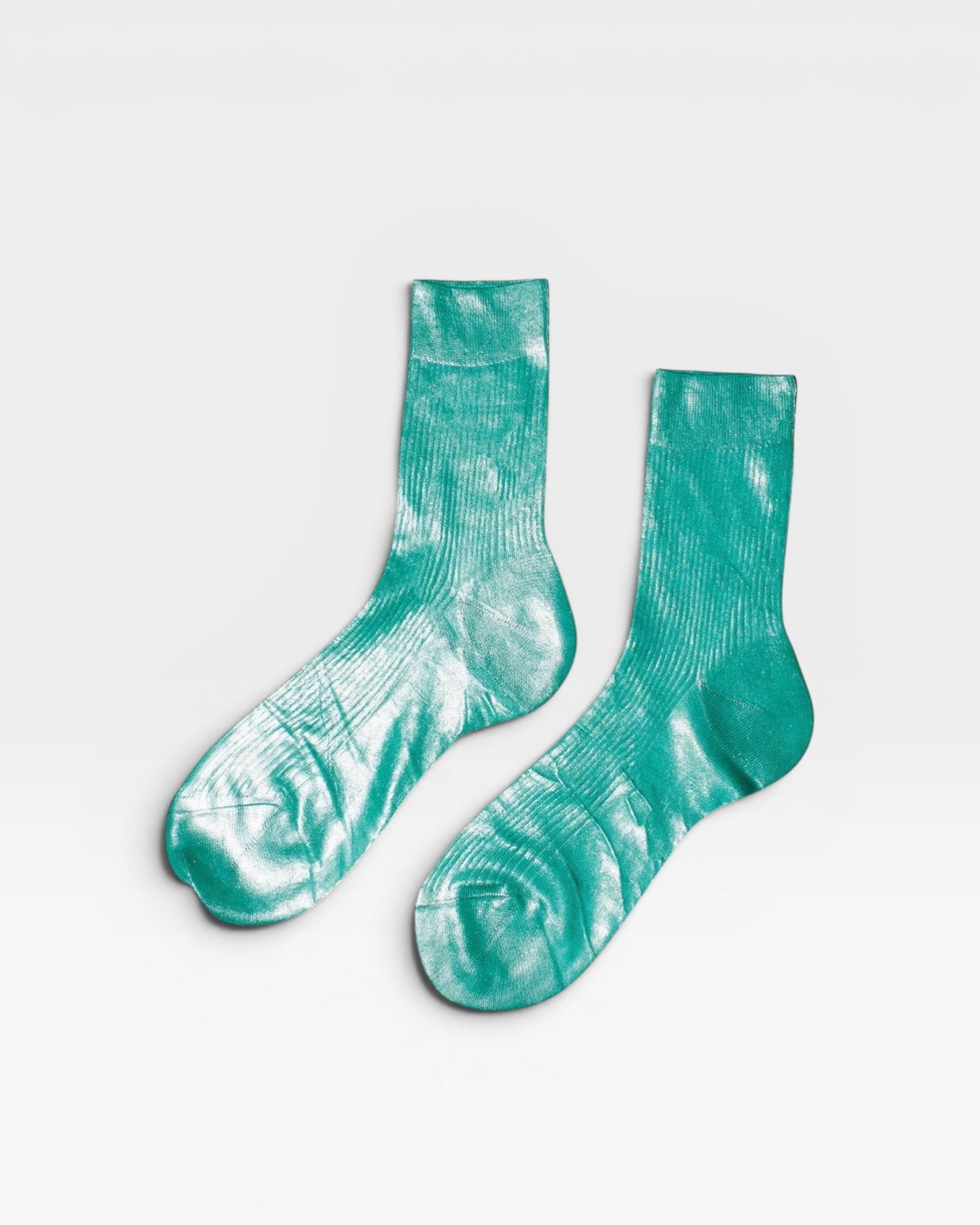 JONES + CO Italian Laminated Socks in Turchino blue. Ribbed silk socks with a metallic foil overlay.
