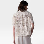 JONES + CO ivory cotton lace short sleeve oversized button-down shirt with petite collar