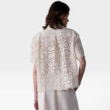 JONES + CO ivory cotton lace short sleeve oversized button-down shirt with petite collar