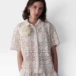 JONES + CO ivory cotton lace short sleeve oversized button-down shirt with petite collar and floral applique.
