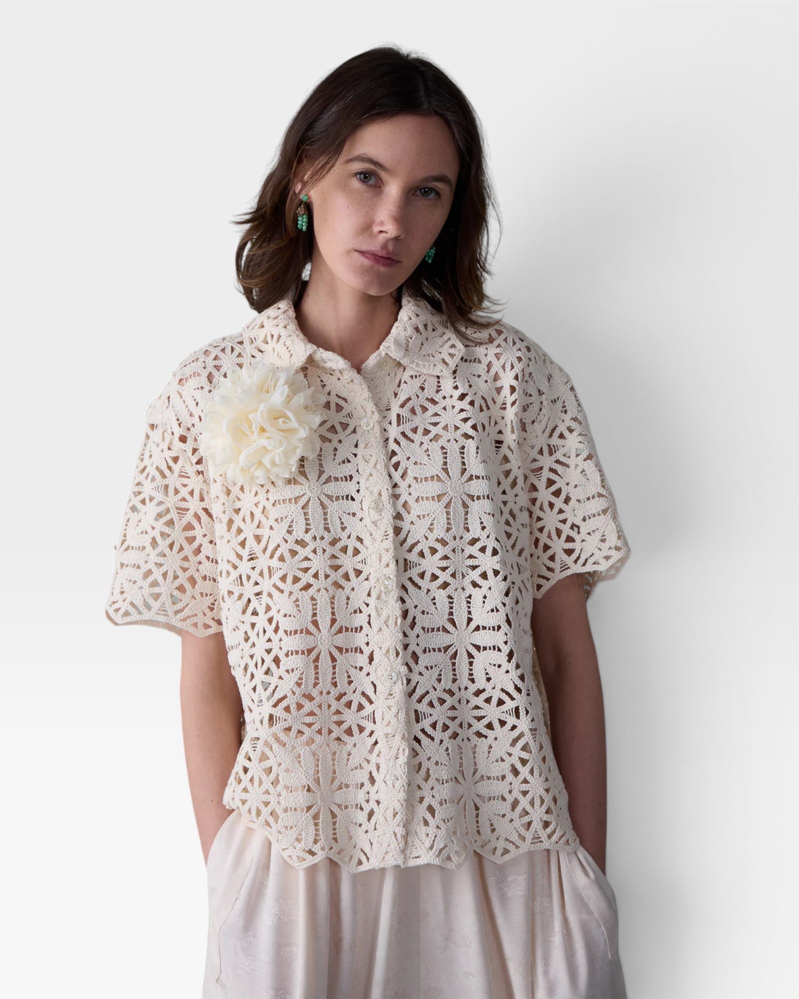 JONES + CO ivory cotton lace short sleeve oversized button-down shirt with petite collar and floral applique.
