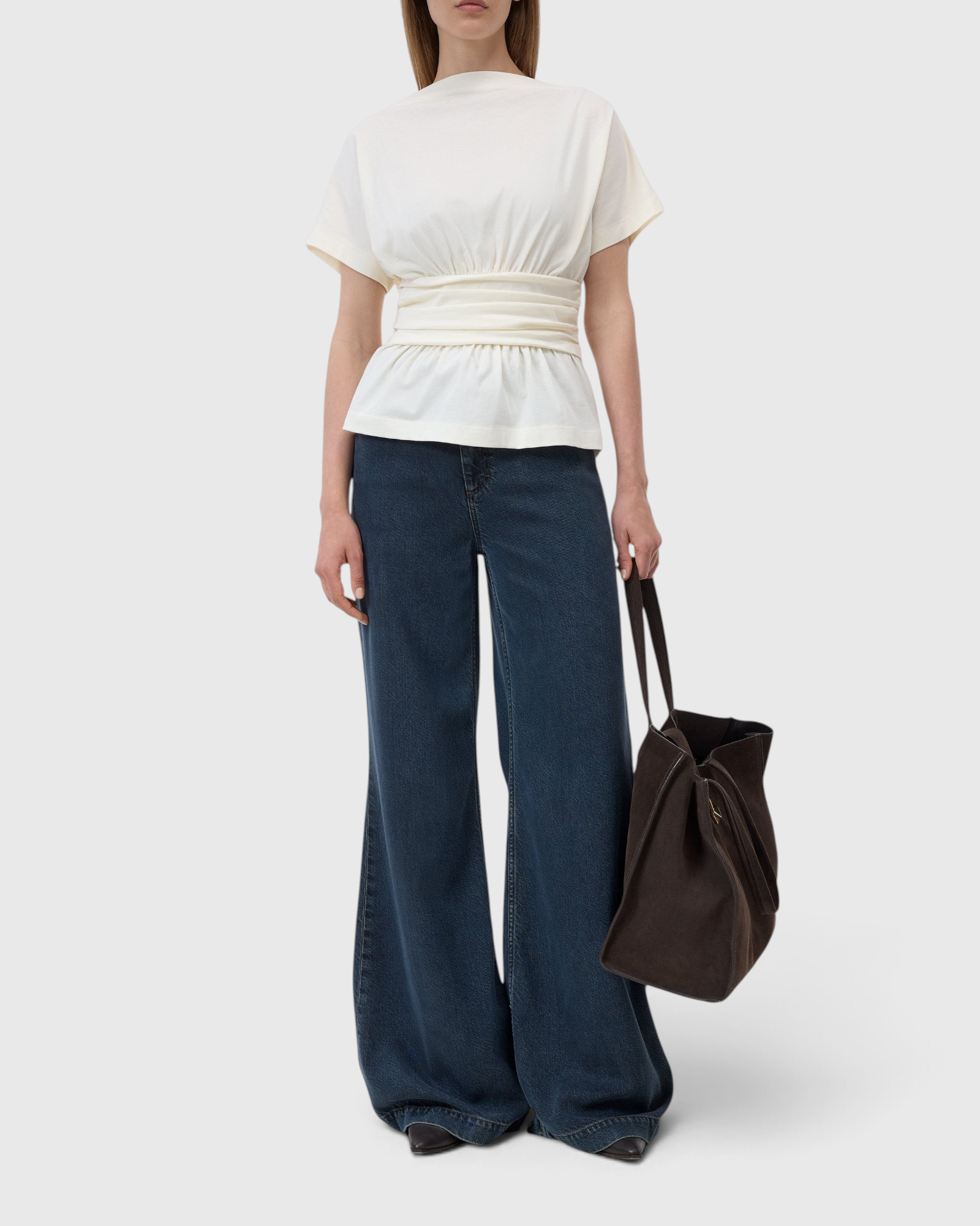 JONES + CO ivory organic cotton jersey T-shirt with a draped waist, straight neckline, and short sleeves.