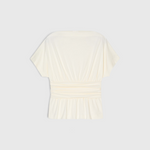 JONES + CO ivory organic cotton jersey T-shirt with a draped waist effect and straight neckline, back view.