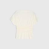 JONES + CO ivory organic cotton jersey T-shirt with a draped waist effect and straight neckline, back view.