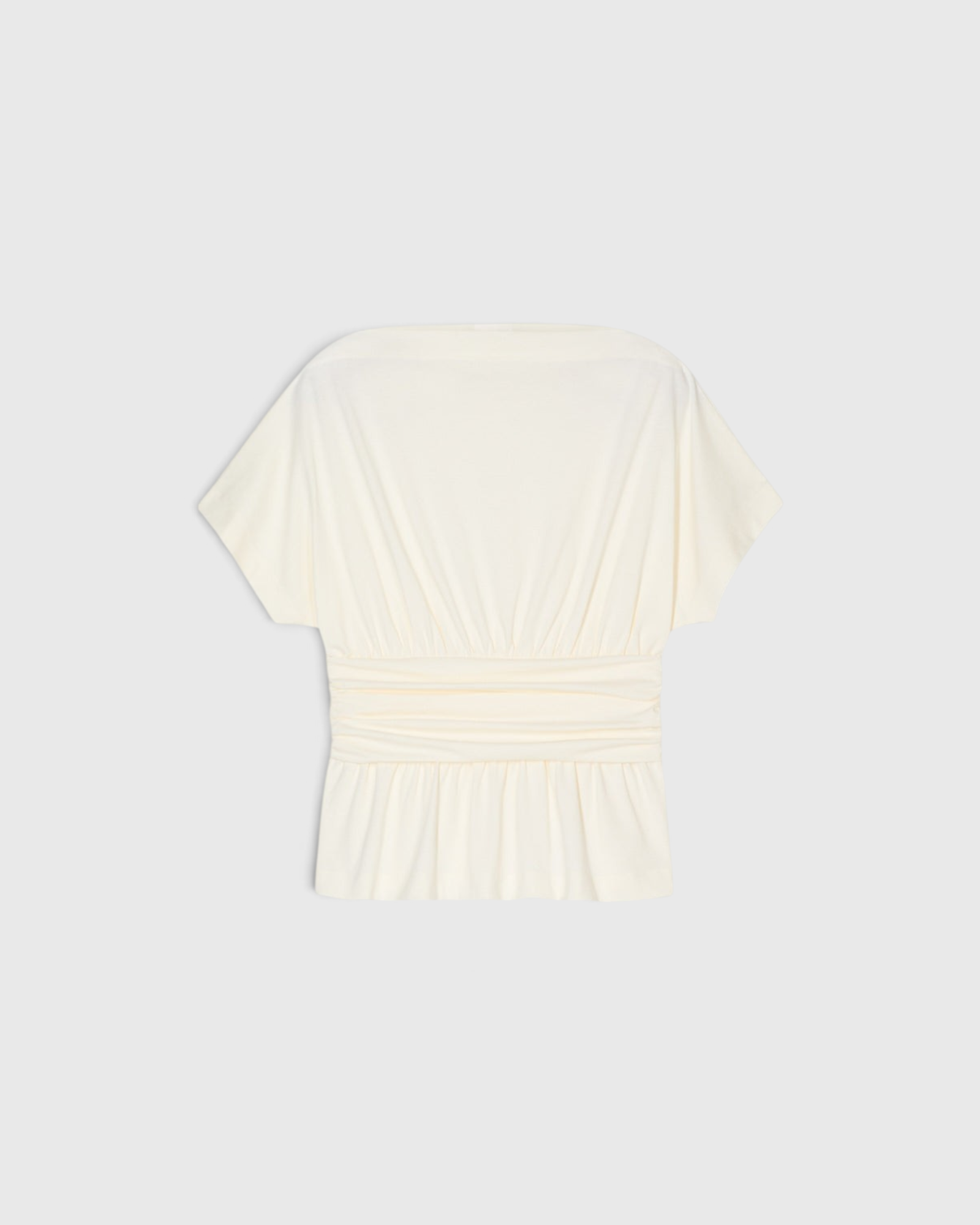 JONES + CO ivory organic cotton jersey T-shirt with a draped waist effect and straight neckline, back view.