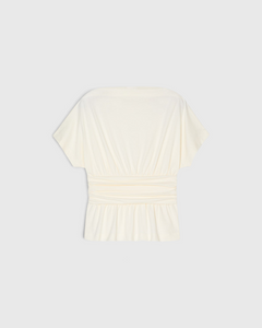 JONES + CO ivory organic cotton jersey T-shirt with a draped waist effect and straight neckline, back view.