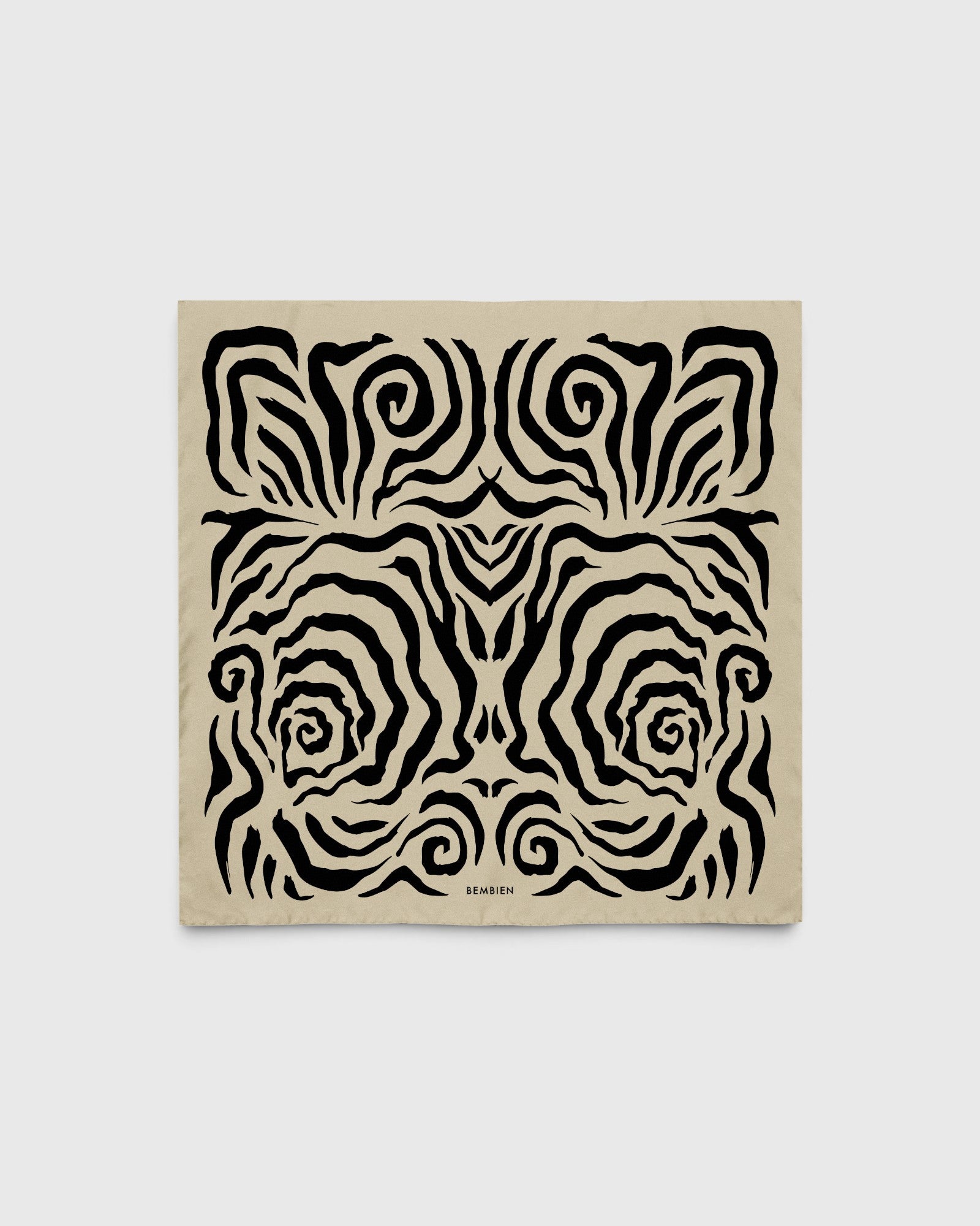 JONES + CO Linea scarf in ivory silk crepe de chine with a black hand-printed abstract swirl pattern