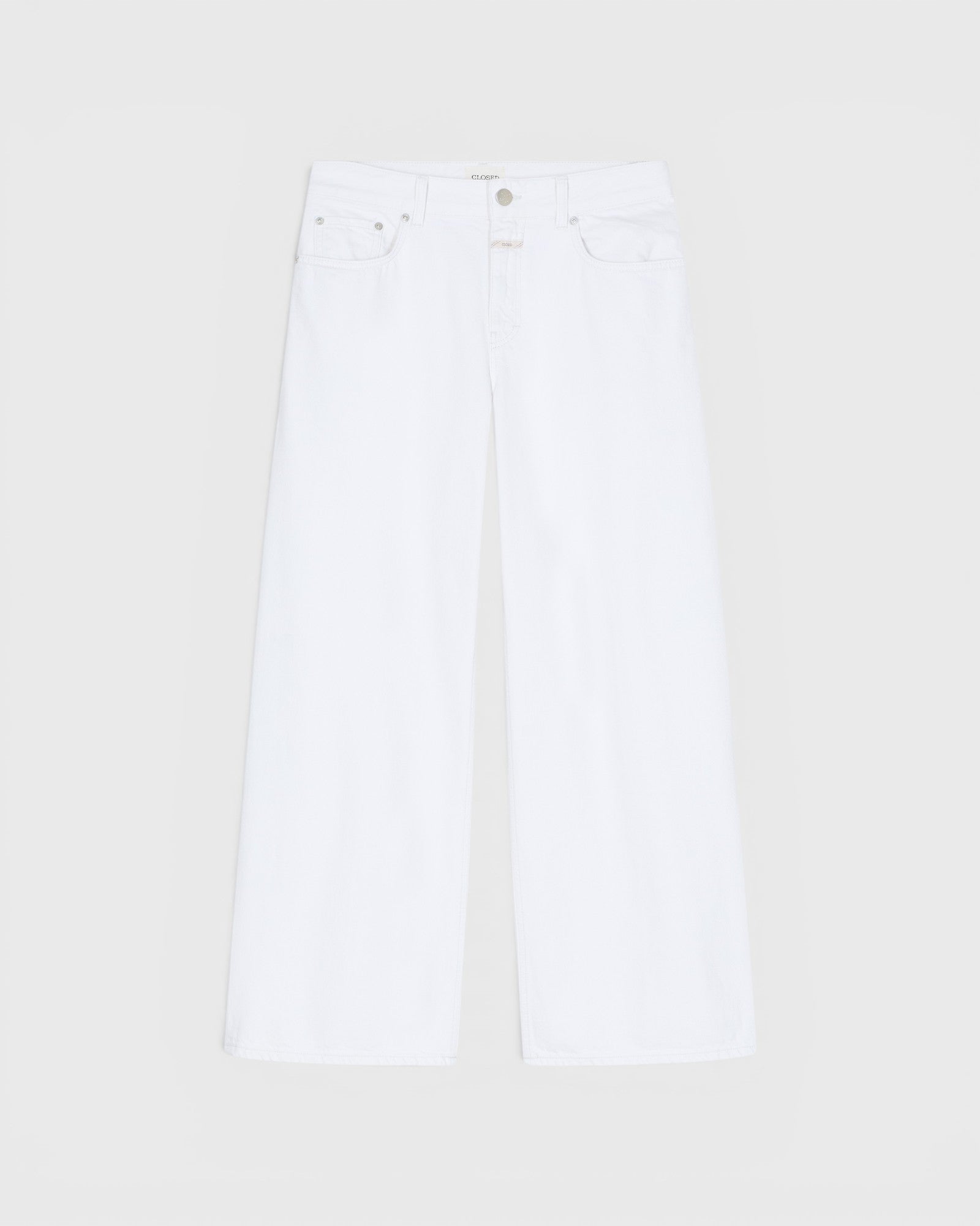 JONES + CO Jayla ivory white wide-leg jeans in lightweight rigid denim with a mid-rise waist and five-pocket design.