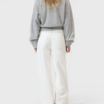 JONES + CO Jayla ivory wide-leg rigid denim jeans with a mid-rise waist and five-pocket design, back view.