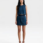 JONES + CO Jalen shorts in muddy indigo denim with elastic waist and patch pockets. Relaxed fit.