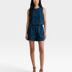 JONES + CO Jalen denim shorts in muddy indigo with elastic waist and two front patch pockets.