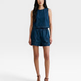 JONES + CO Jalen denim shorts in muddy indigo with elastic waist and two front patch pockets.