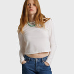 JONES + CO Jamie long sleeve tee in whitecap grey recycled cotton worn by a model with blue jeans