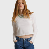 JONES + CO Jamie long sleeve tee in whitecap grey recycled cotton worn by a model with blue jeans