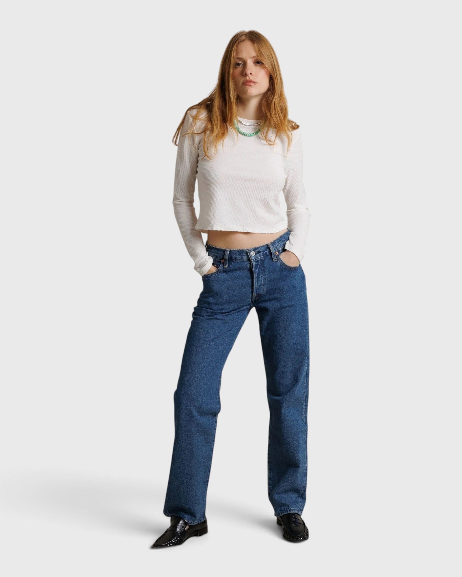 JONES + CO Jamie long sleeve tee in whitecap grey, made from recycled cotton with a flattering body-skimming fit.