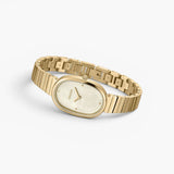 JONES + CO Jane watch featuring a 23mm oval gold-plated stainless steel case and bracelet with ivory mother of pearl dial