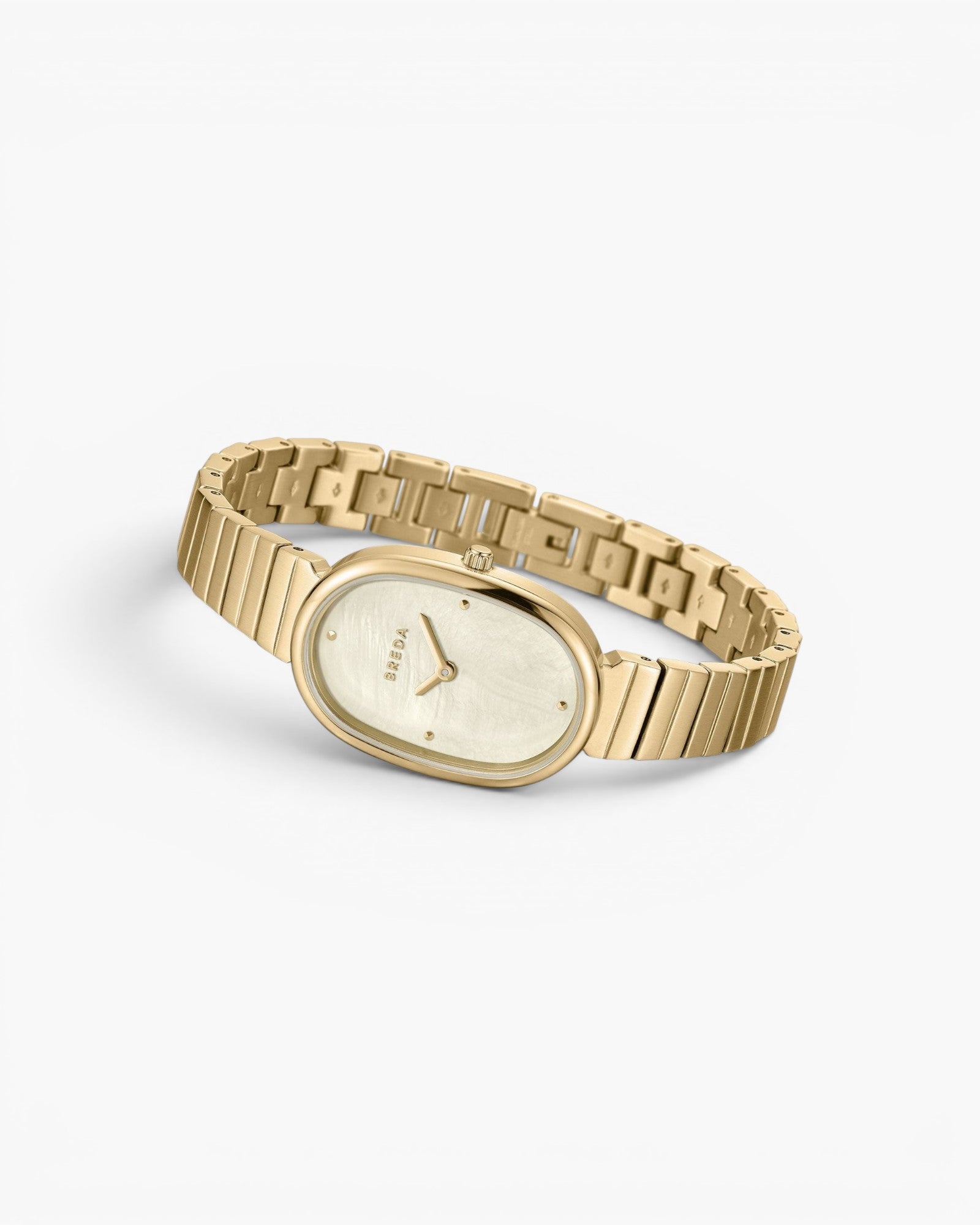JONES + CO Jane watch featuring a 23mm oval gold-plated stainless steel case and bracelet with ivory mother of pearl dial