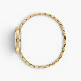JONES + CO Jane watch featuring a gold-plated stainless steel oval case and bracelet, side profile view.