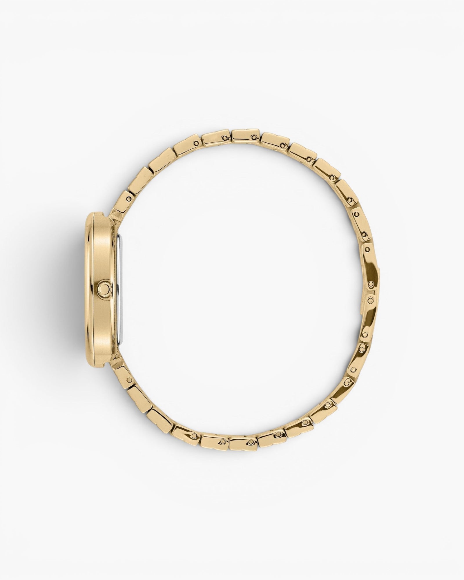 JONES + CO Jane watch featuring a gold-plated stainless steel oval case and bracelet, side profile view.