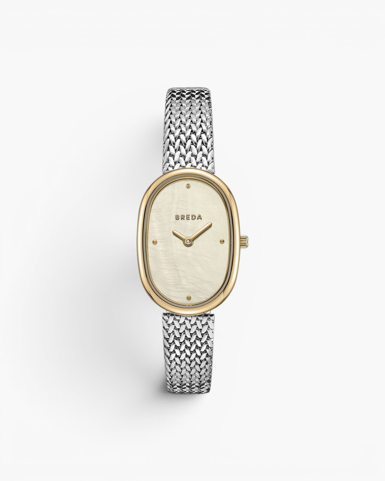 JONES + CO Jane Tethered watch featuring a 23mm oval case, champagne mother of pearl dial, and silver woven mesh strap.